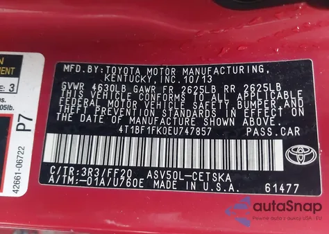 2014 Toyota Camry Se z USA, uszkodzony, nr VIN 4T1BF1FK0EU747857